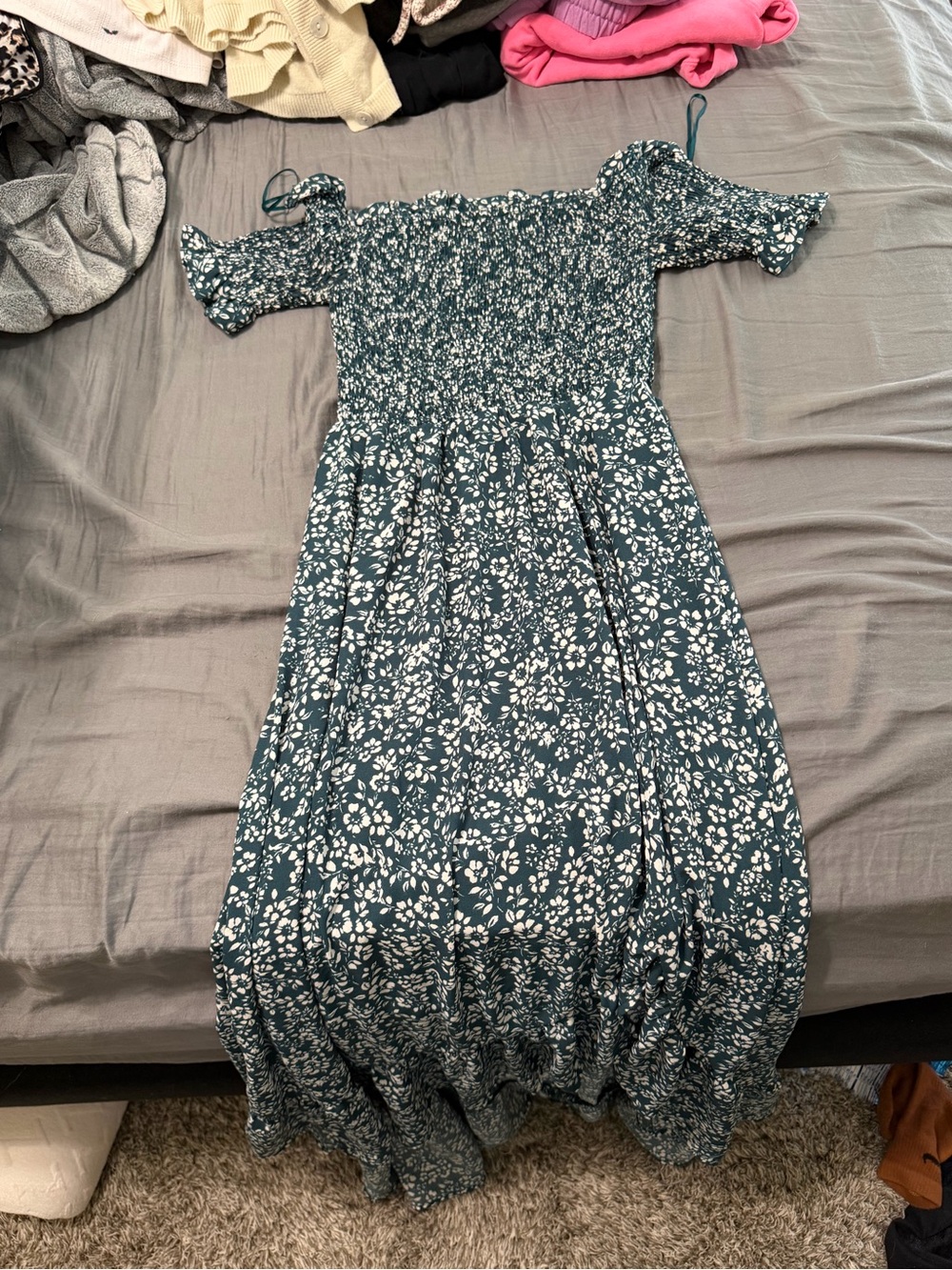 Blue Rain Teal Green Floral Smocked Off-Shoulder Dress